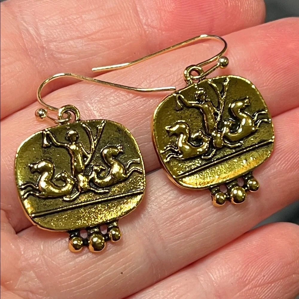 Vintage Style Etruscan Medallion Stamped Coin 18k Gold Plated Earrings